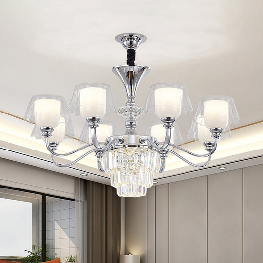 Layered Chandelier Lighting Minimalist Crystal Block 6/8-Light Chrome Ceiling Pendant with Clear Glass Shade Clearhalo 'Ceiling Lights' 'Chandeliers' 'Modern Chandeliers' 'Modern' Lighting' 1711373