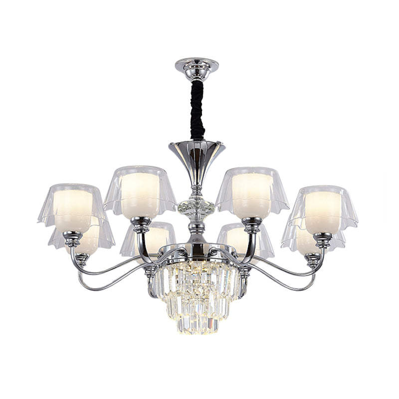 Layered Chandelier Lighting Minimalist Crystal Block 6/8-Light Chrome Ceiling Pendant with Clear Glass Shade Clearhalo 'Ceiling Lights' 'Chandeliers' 'Modern Chandeliers' 'Modern' Lighting' 1711374