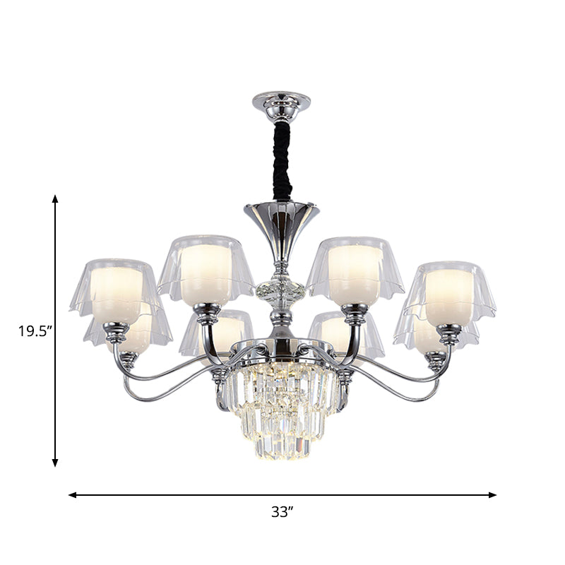 Layered Chandelier Lighting Minimalist Crystal Block 6/8-Light Chrome Ceiling Pendant with Clear Glass Shade Clearhalo 'Ceiling Lights' 'Chandeliers' 'Modern Chandeliers' 'Modern' Lighting' 1711375