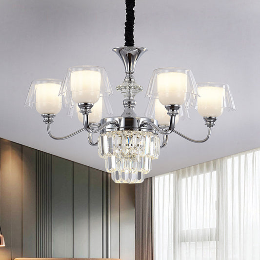 Layered Chandelier Lighting Minimalist Crystal Block 6/8-Light Chrome Ceiling Pendant with Clear Glass Shade Clearhalo 'Ceiling Lights' 'Chandeliers' 'Modern Chandeliers' 'Modern' Lighting' 1711377