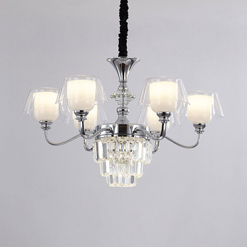 Layered Chandelier Lighting Minimalist Crystal Block 6/8-Light Chrome Ceiling Pendant with Clear Glass Shade Clearhalo 'Ceiling Lights' 'Chandeliers' 'Modern Chandeliers' 'Modern' Lighting' 1711379