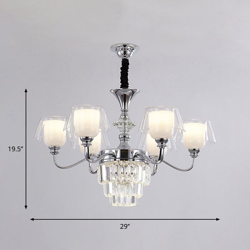 Layered Chandelier Lighting Minimalist Crystal Block 6/8-Light Chrome Ceiling Pendant with Clear Glass Shade Clearhalo 'Ceiling Lights' 'Chandeliers' 'Modern Chandeliers' 'Modern' Lighting' 1711380