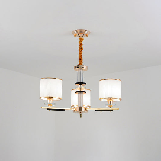 3 Heads Drawing Room Ceiling Pendant Simplicity Gold Chandelier Light with Drum Opal Glass Shade Clearhalo 'Ceiling Lights' 'Chandeliers' 'Modern Chandeliers' 'Modern' Lighting' 1711382