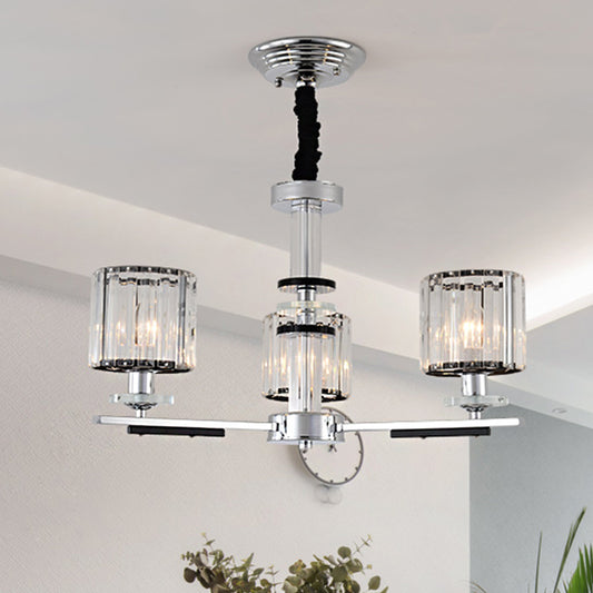 Cylindrical Pendant Chandelier Minimalism Clear Crystal 3 Heads Dining Room Pendant Lighting in Chrome Chrome Clearhalo 'Ceiling Lights' 'Chandeliers' 'Modern Chandeliers' 'Modern' Lighting' 1711385