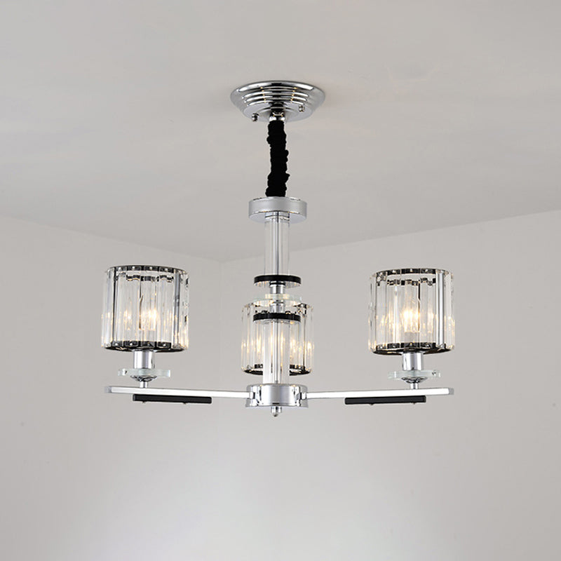 Cylindrical Pendant Chandelier Minimalism Clear Crystal 3 Heads Dining Room Pendant Lighting in Chrome Clearhalo 'Ceiling Lights' 'Chandeliers' 'Modern Chandeliers' 'Modern' Lighting' 1711386