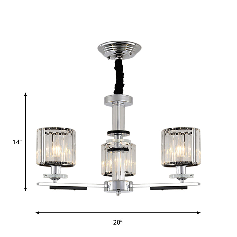 Cylindrical Pendant Chandelier Minimalism Clear Crystal 3 Heads Dining Room Pendant Lighting in Chrome Clearhalo 'Ceiling Lights' 'Chandeliers' 'Modern Chandeliers' 'Modern' Lighting' 1711388