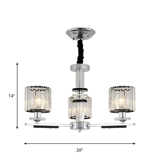 Cylindrical Pendant Chandelier Minimalism Clear Crystal 3 Heads Dining Room Pendant Lighting in Chrome Clearhalo 'Ceiling Lights' 'Chandeliers' 'Modern Chandeliers' 'Modern' Lighting' 1711388