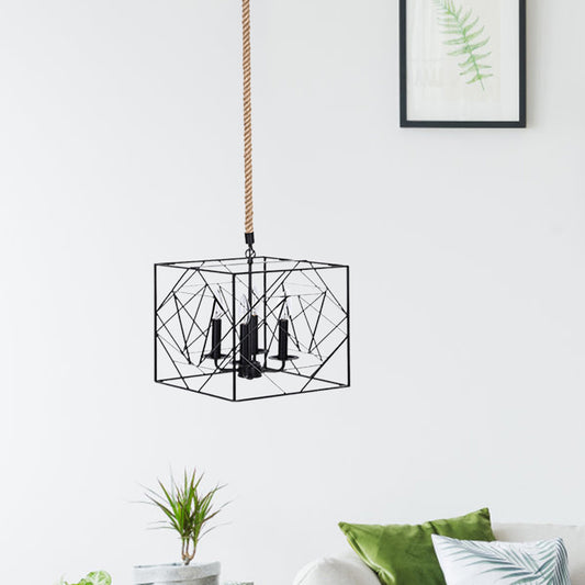 4 Heads Metallic Chandelier Lamp Warehouse Black Cubic Frame Dining Room Pendant with Candlestick Design Clearhalo 'Cast Iron' 'Ceiling Lights' 'Chandeliers' 'Industrial Chandeliers' 'Industrial' 'Metal' 'Middle Century Chandeliers' 'Rustic Chandeliers' 'Tiffany' Lighting' 1711390