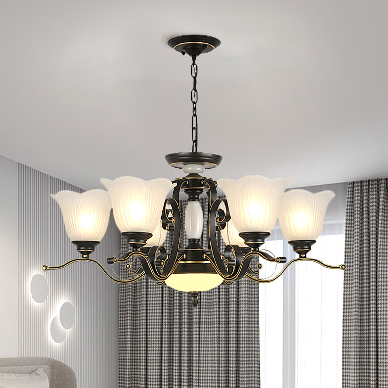 3/6 Heads Blossom Chandelier Lamp Traditional Black Opaline Glass Suspension Lighting with Scroll Arm 6 Black Clearhalo 'Ceiling Lights' 'Chandeliers' 'Close To Ceiling Lights' 'Glass shade' 'Glass' 'Pendant Lights' Lighting' 1711414