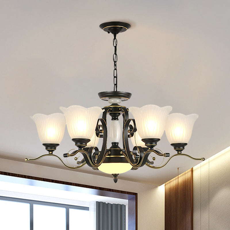 3/6 Heads Blossom Chandelier Lamp Traditional Black Opaline Glass Suspension Lighting with Scroll Arm Clearhalo 'Ceiling Lights' 'Chandeliers' 'Close To Ceiling Lights' 'Glass shade' 'Glass' 'Pendant Lights' Lighting' 1711415