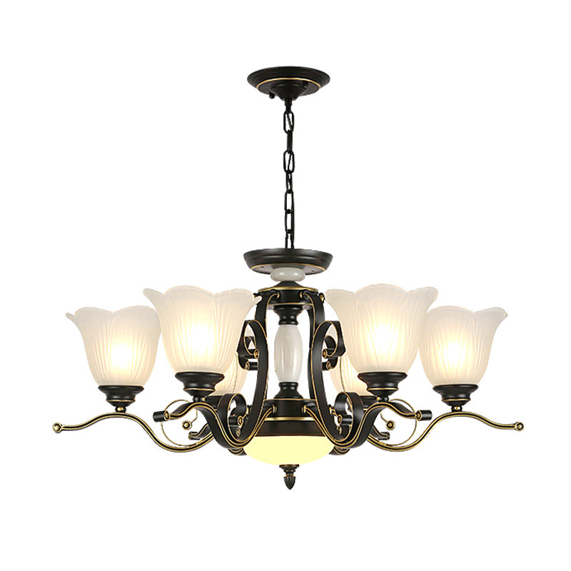 3/6 Heads Blossom Chandelier Lamp Traditional Black Opaline Glass Suspension Lighting with Scroll Arm Clearhalo 'Ceiling Lights' 'Chandeliers' 'Close To Ceiling Lights' 'Glass shade' 'Glass' 'Pendant Lights' Lighting' 1711416