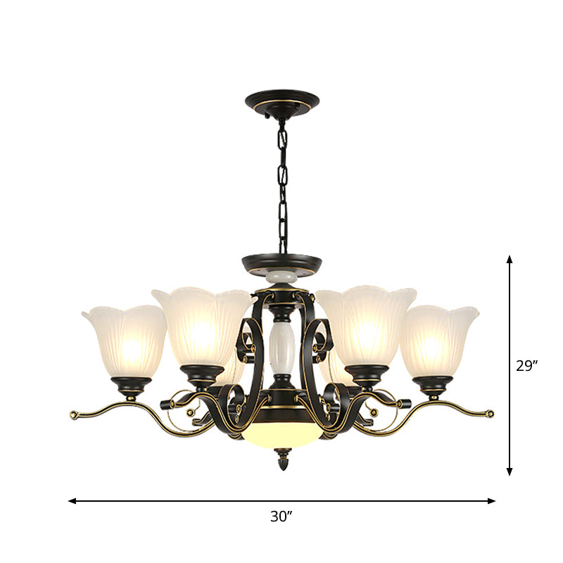 3/6 Heads Blossom Chandelier Lamp Traditional Black Opaline Glass Suspension Lighting with Scroll Arm Clearhalo 'Ceiling Lights' 'Chandeliers' 'Close To Ceiling Lights' 'Glass shade' 'Glass' 'Pendant Lights' Lighting' 1711417
