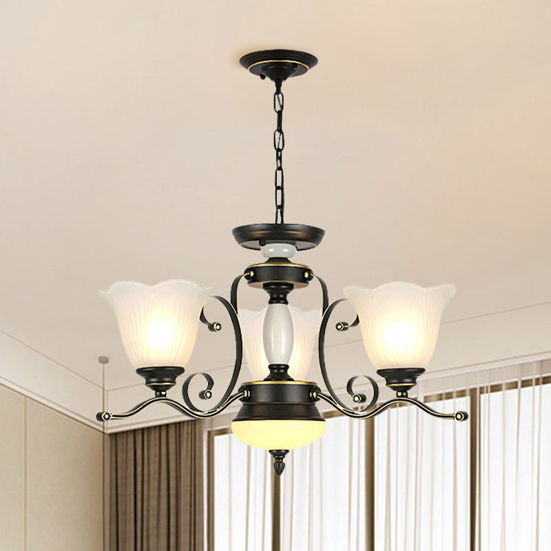 3/6 Heads Blossom Chandelier Lamp Traditional Black Opaline Glass Suspension Lighting with Scroll Arm 3 Black Clearhalo 'Ceiling Lights' 'Chandeliers' 'Close To Ceiling Lights' 'Glass shade' 'Glass' 'Pendant Lights' Lighting' 1711418