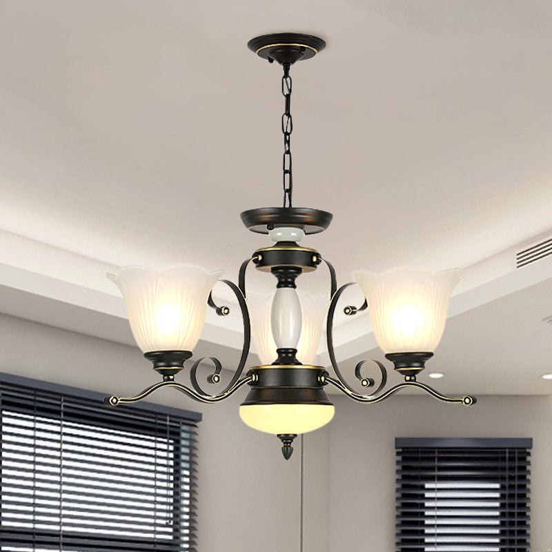 3/6 Heads Blossom Chandelier Lamp Traditional Black Opaline Glass Suspension Lighting with Scroll Arm Clearhalo 'Ceiling Lights' 'Chandeliers' 'Close To Ceiling Lights' 'Glass shade' 'Glass' 'Pendant Lights' Lighting' 1711419