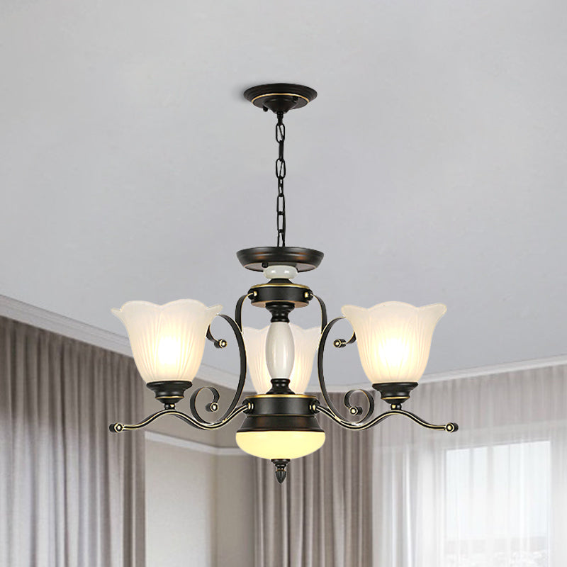 3/6 Heads Blossom Chandelier Lamp Traditional Black Opaline Glass Suspension Lighting with Scroll Arm Clearhalo 'Ceiling Lights' 'Chandeliers' 'Close To Ceiling Lights' 'Glass shade' 'Glass' 'Pendant Lights' Lighting' 1711420