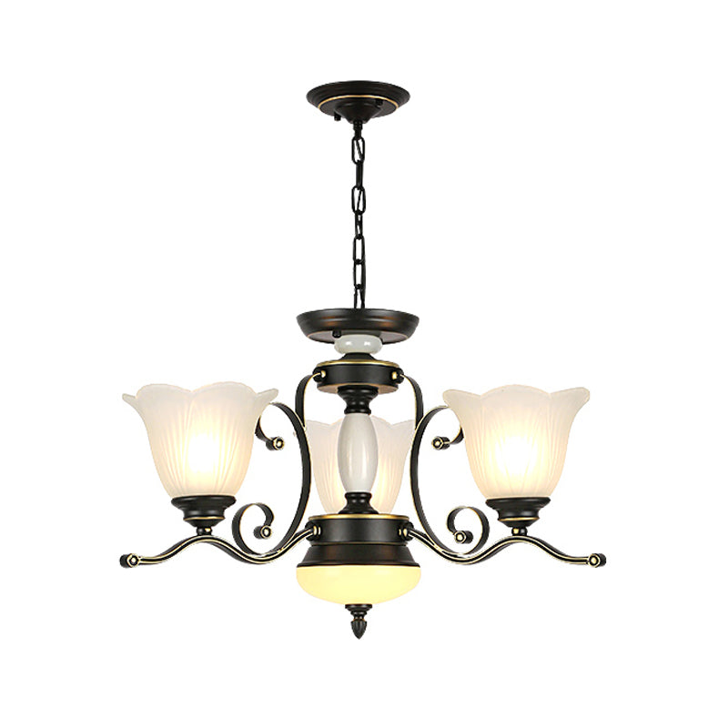 3/6 Heads Blossom Chandelier Lamp Traditional Black Opaline Glass Suspension Lighting with Scroll Arm Clearhalo 'Ceiling Lights' 'Chandeliers' 'Close To Ceiling Lights' 'Glass shade' 'Glass' 'Pendant Lights' Lighting' 1711421