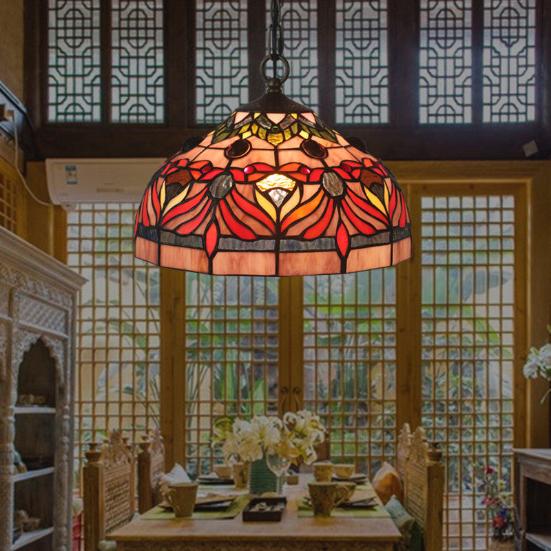 Bowl Shade Hanging Light Fixture Tiffany Stained Glass 1 Light Red Finish Drop Pendant for Dining Room Red Clearhalo 'Art Deco Pendants' 'Cast Iron' 'Ceiling Lights' 'Ceramic' 'Crystal' 'Industrial' 'Metal' 'Middle Century Pendants' 'Pendant Lights' 'Pendants' 'Tiffany close to ceiling' 'Tiffany Pendants' 'Tiffany' Lighting' 1711427