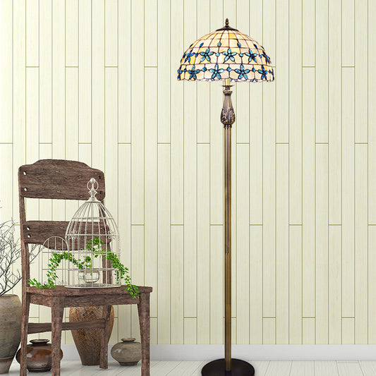 Grid Dome Standing Floor Lighting 2 Heads Shell Baroque Floor Lamp in Blue with Floret Pattern Blue Clearhalo 'Floor Lamps' 'Lamps' Lighting' 1711540