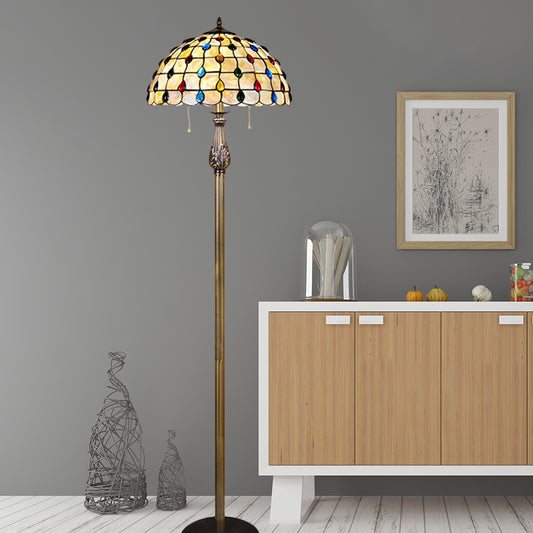 Shell Beaded Reading Floor Lighting Mediterranean 2 Lights White Floor Light with Grid Dome Shade White Clearhalo 'Floor Lamps' 'Lamps' Lighting' 1711552