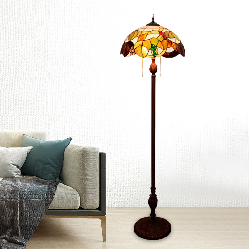 Cut Glass Copper Floor Lighting Scalloped 3 Bulbs Mediterranean Stand Up Lamp with Leaf and Grape Pattern Clearhalo 'Floor Lamps' 'Lamps' Lighting' 1711587