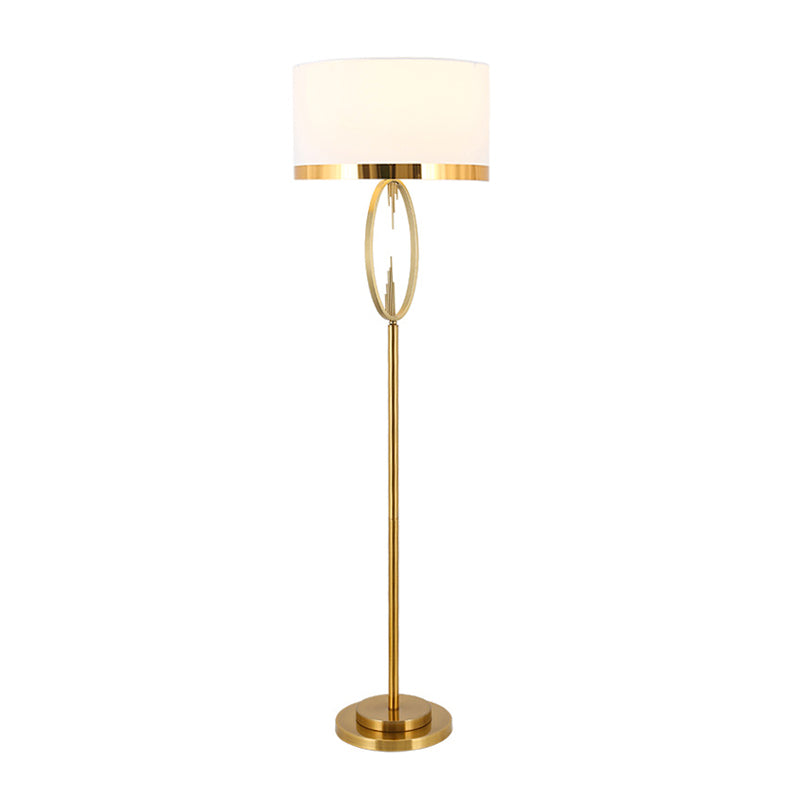 Brass Drum Stand Up Lamp Classic Fabric 1 Light Living Room Reading Floor Lighting with Circle Design Clearhalo 'Floor Lamps' 'Lamps' Lighting' 1711631