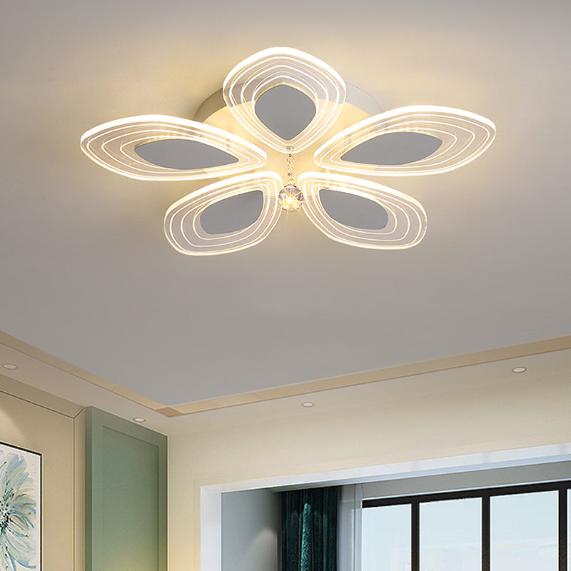 Chrome LED Floral Petal Ceiling Flush Minimalist Acrylic Semi Flush Light with Crystal Droplet Clearhalo 'Ceiling Lights' 'Close To Ceiling Lights' 'Close to ceiling' 'Semi-flushmount' Lighting' 1711790