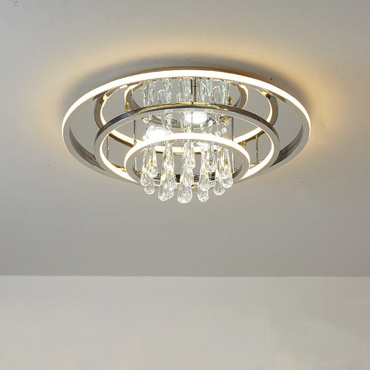 Modernism Rings Ceiling Mounted Light Metal Living Room LED Semi Flush with Crystal Strands in Chrome Chrome Clearhalo 'Ceiling Lights' 'Close To Ceiling Lights' 'Close to ceiling' 'Semi-flushmount' Lighting' 1711797