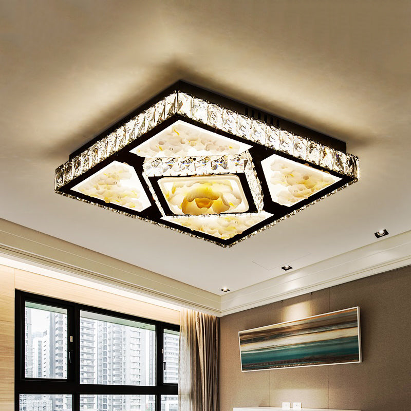 Squared Bedroom Ceiling Flush Hand-Cut Crystal LED Simplicity Flushmount with Jade Lotus Design in Chrome Clearhalo 'Ceiling Lights' 'Close To Ceiling Lights' 'Close to ceiling' 'Flush mount' Lighting' 1711814