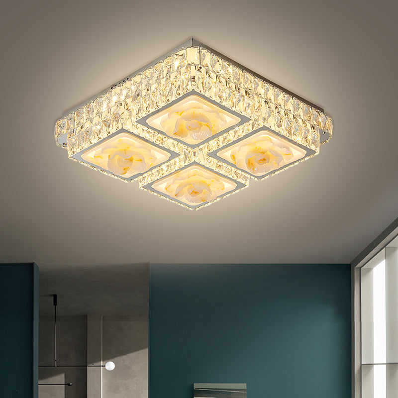 Chrome LED Square Flush Light Fixture Minimalism Crystal Block Ceiling Flush Mount with Jade Lotus Design Clearhalo 'Ceiling Lights' 'Close To Ceiling Lights' 'Close to ceiling' 'Flush mount' Lighting' 1711818