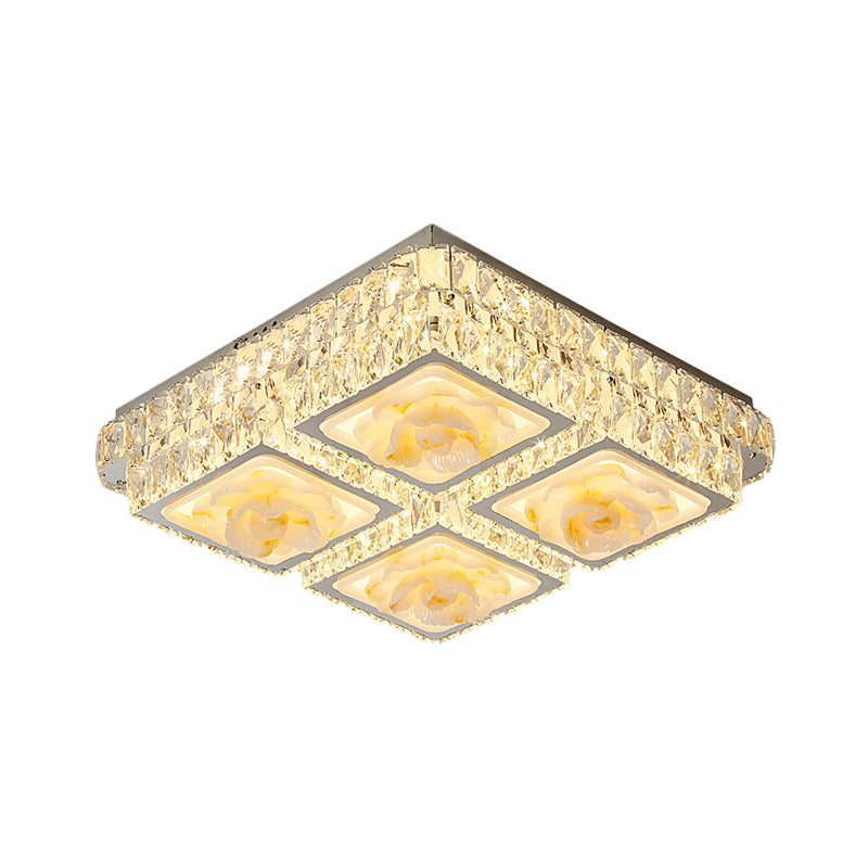 Chrome LED Square Flush Light Fixture Minimalism Crystal Block Ceiling Flush Mount with Jade Lotus Design Clearhalo 'Ceiling Lights' 'Close To Ceiling Lights' 'Close to ceiling' 'Flush mount' Lighting' 1711819