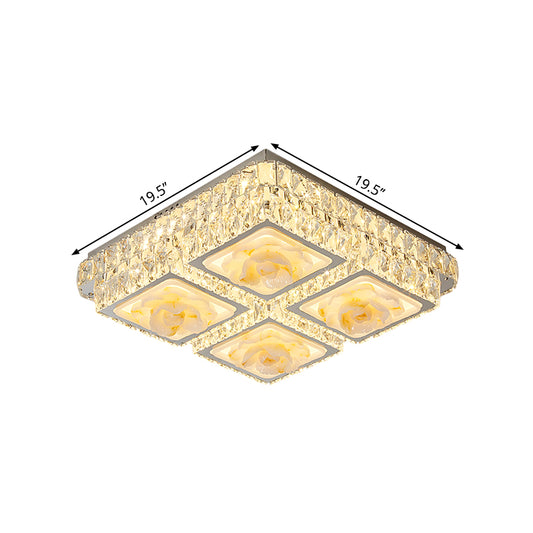 Chrome LED Square Flush Light Fixture Minimalism Crystal Block Ceiling Flush Mount with Jade Lotus Design Clearhalo 'Ceiling Lights' 'Close To Ceiling Lights' 'Close to ceiling' 'Flush mount' Lighting' 1711820