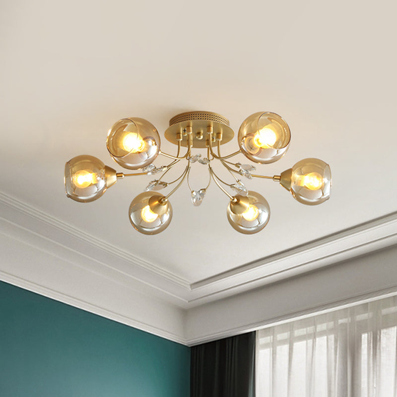 Amber Glass Ball Ceiling Flush Mount Modernist 6 Bulbs Gold Semi Flush Light with Teardrop Beveled Crystal Deco Gold Clearhalo 'Ceiling Lights' 'Close To Ceiling Lights' 'Close to ceiling' 'Semi-flushmount' Lighting' 1711869