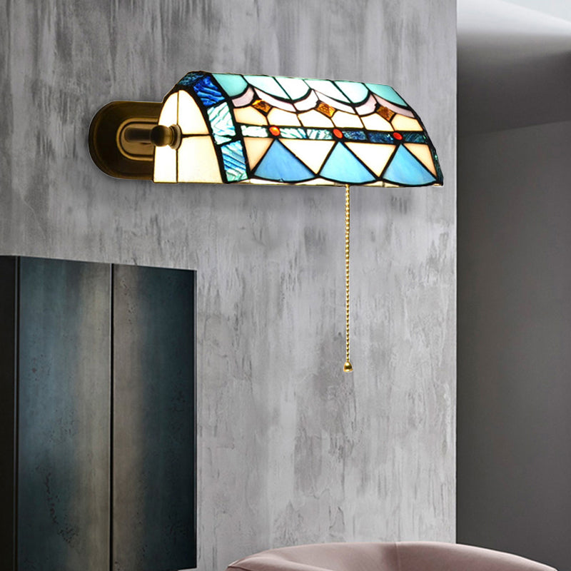 Mediterranean Banker Lamp with Pull Chain Stained Glass 1 Light Wall Sconce in Blue Blue Clearhalo 'Industrial' 'Middle century wall lights' 'Tiffany wall lights' 'Tiffany' 'Wall Lamps & Sconces' 'Wall Lights' Lighting' 171188