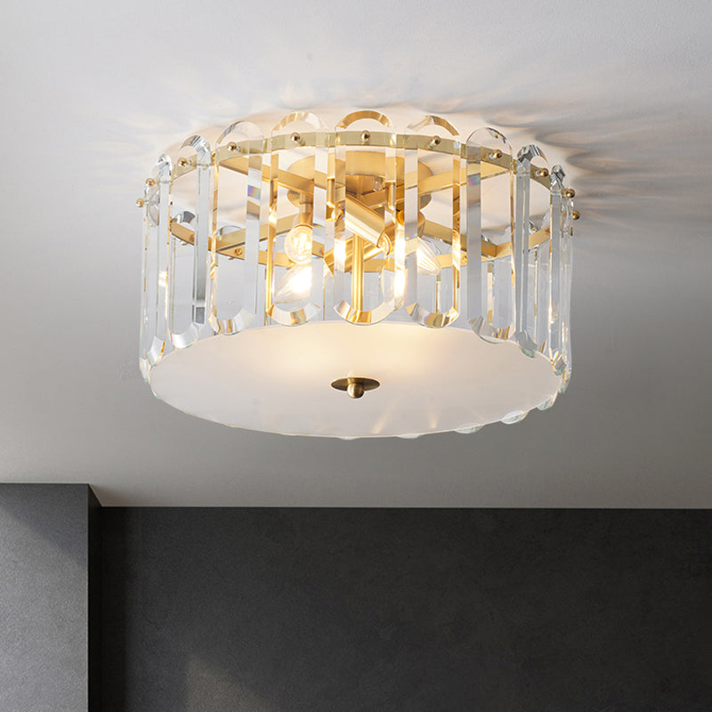 4 Bulbs Doorway Flush Light Fixture Modern White Ceiling Flush Mount with Drum Clear Crystal Rectangle Shade Clear Clearhalo 'Ceiling Lights' 'Close To Ceiling Lights' 'Close to ceiling' 'Flush mount' Lighting' 1711901