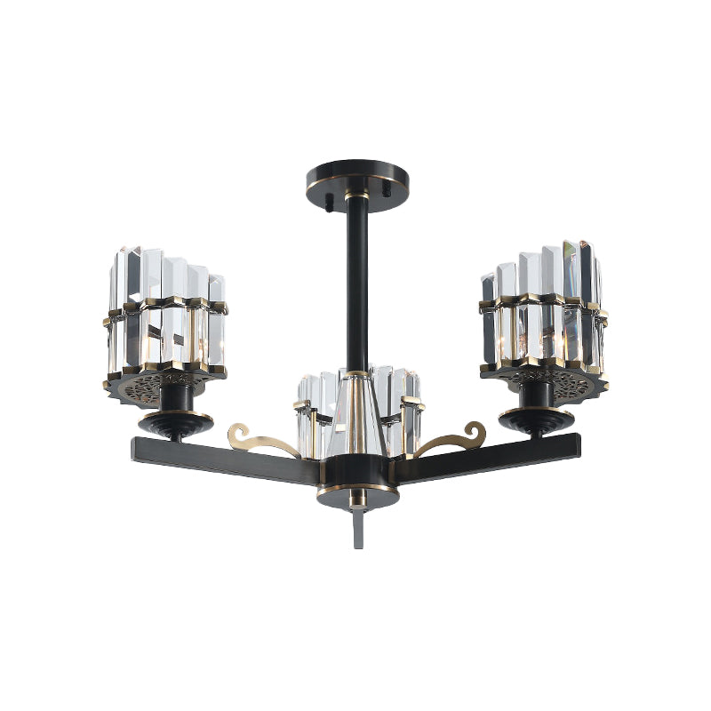 Half-Cylinder Ceiling Mounted Light Simplicity Crystal Prisms 3 Bulbs Parlor Semi Flush Chandelier in Black Clearhalo 'Ceiling Lights' 'Close To Ceiling Lights' 'Close to ceiling' 'Semi-flushmount' Lighting' 1711906