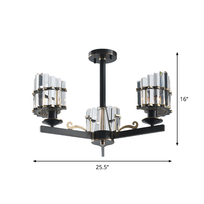 Half-Cylinder Ceiling Mounted Light Simplicity Crystal Prisms 3 Bulbs Parlor Semi Flush Chandelier in Black Clearhalo 'Ceiling Lights' 'Close To Ceiling Lights' 'Close to ceiling' 'Semi-flushmount' Lighting' 1711908