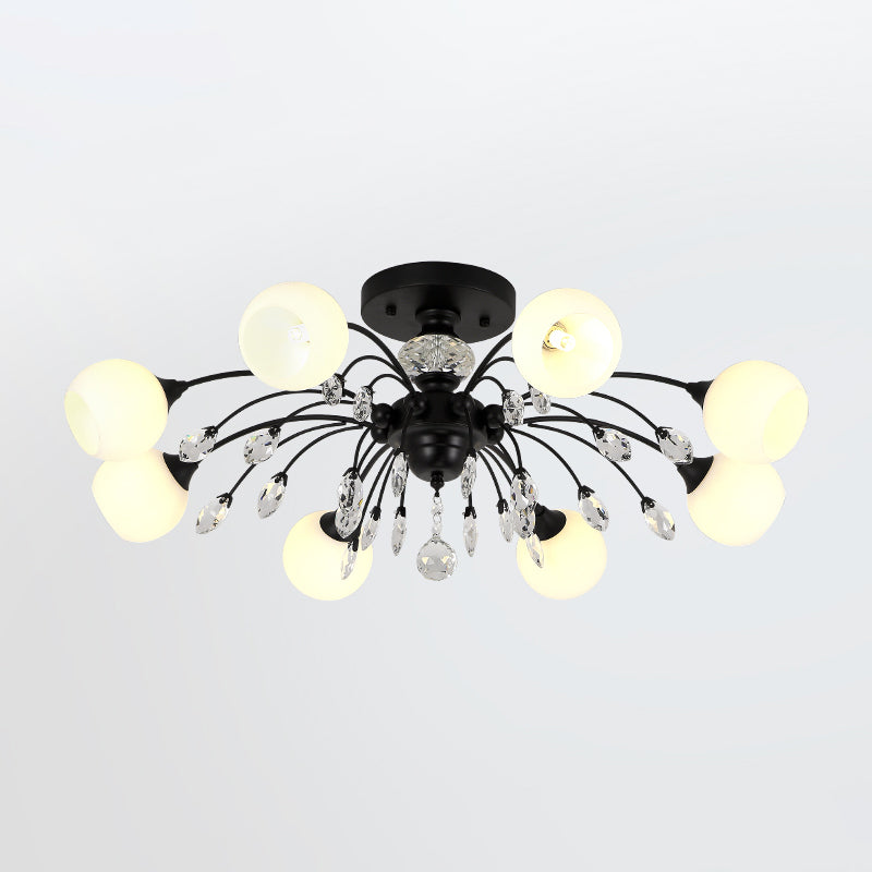 Opal Glass Sputnik Globe Semi Flush Modernism 8-Bulb Ceiling Mounted Fixture with Crystal Deco in Black Clearhalo 'Ceiling Lights' 'Close To Ceiling Lights' 'Close to ceiling' 'Semi-flushmount' Lighting' 1711911