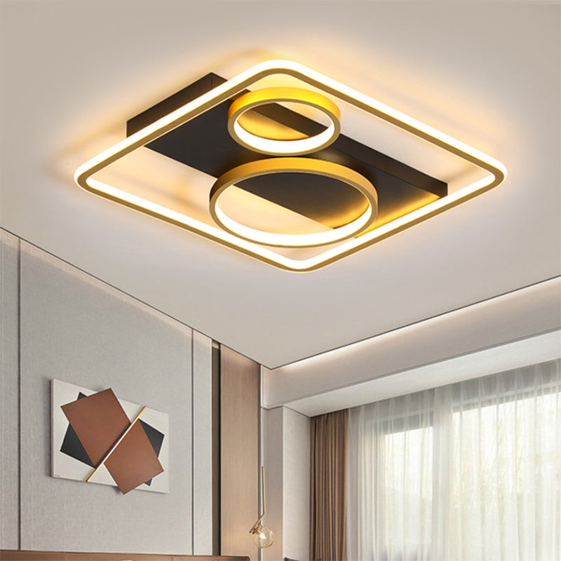 Square Flush Mount Lamp Modernist Metal LED Black Flush Light Fixture with Dual Rings Design Black Clearhalo 'Ceiling Lights' 'Close To Ceiling Lights' 'Close to ceiling' 'Flush mount' Lighting' 1711957