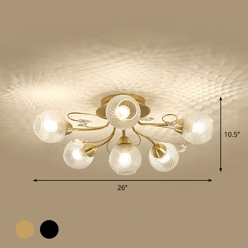 Globe Ceiling Mounted Fixture Minimalism Clear Lattice Glass 6 Bulbs Black/Gold Semi Flush Light Clearhalo 'Ceiling Lights' 'Close To Ceiling Lights' 'Close to ceiling' 'Glass shade' 'Glass' 'Semi-flushmount' Lighting' 1712110