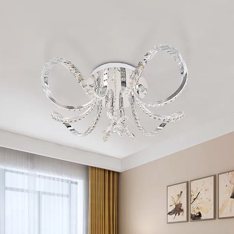 Nickel LED Curved Hoop Ceiling Lighting Simple Faceted Crystal Semi Flush Mount in Warm/White Light Nickel Clearhalo 'Ceiling Lights' 'Close To Ceiling Lights' 'Close to ceiling' 'Semi-flushmount' Lighting' 1712190