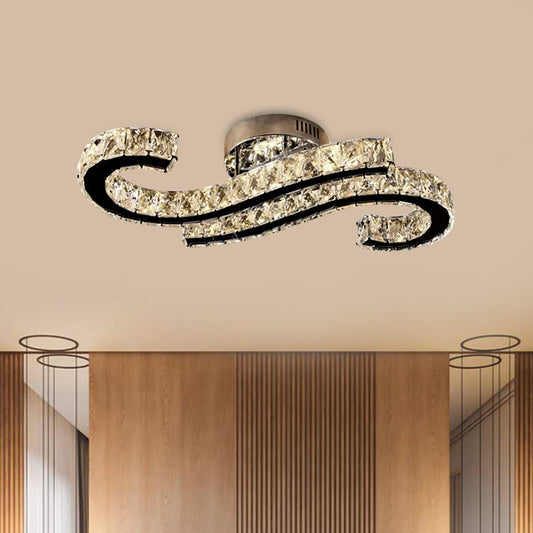 Hook LED Semi Mount Lighting Minimalist Faceted Crystal Stainless-Steel Ceiling Flush in Warm/White Light Stainless-Steel Clearhalo 'Ceiling Lights' 'Close To Ceiling Lights' 'Close to ceiling' 'Flush mount' Lighting' 1712220