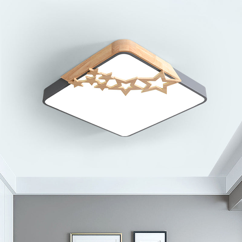 Square Acrylic Flush Mount Lamp Modern LED Grey/White Ceiling Light Fixture with Wooden Star Deco Clearhalo 'Ceiling Lights' 'Close To Ceiling Lights' 'Close to ceiling' 'Flush mount' Lighting' 1712242