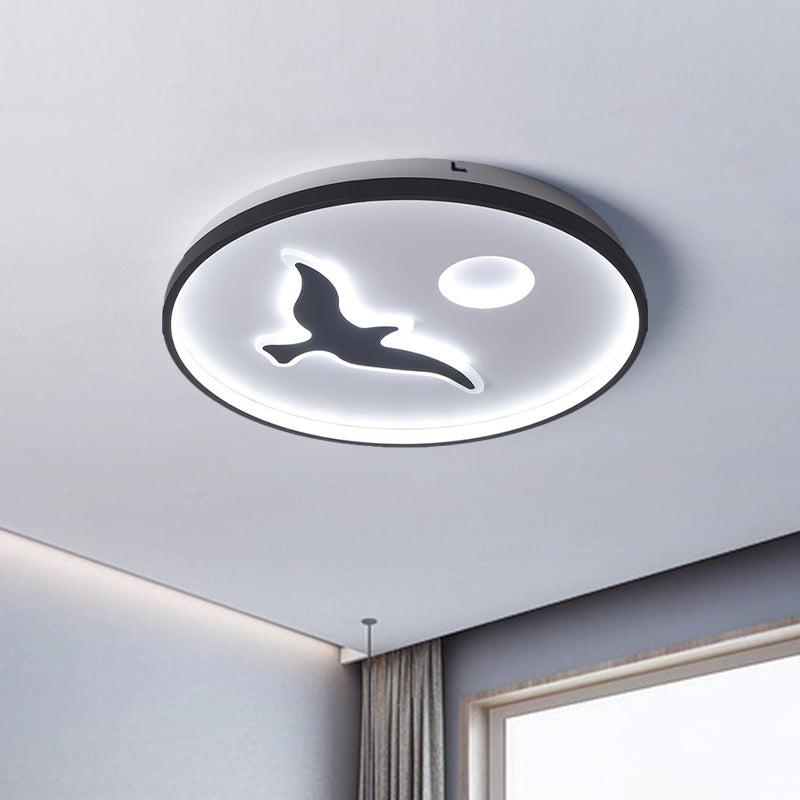 Rounded Metal Flush Light Nordic 16.5"/20.5"/24.5" Wide LED Black Flush Mount with Bird and Sun Pattern in Warm/White Light Black Clearhalo 'Ceiling Lights' 'Close To Ceiling Lights' 'Close to ceiling' 'Flush mount' Lighting' 1712630