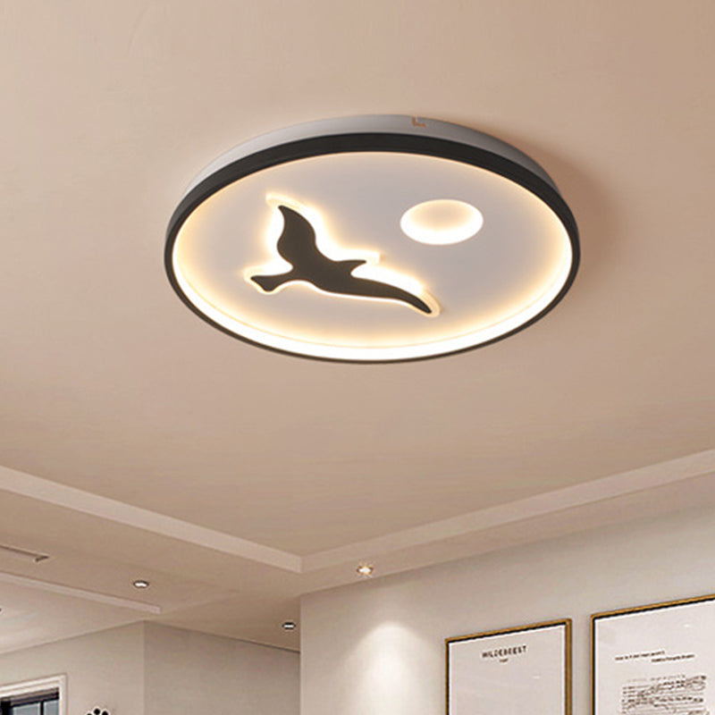 Rounded Metal Flush Light Nordic 16.5"/20.5"/24.5" Wide LED Black Flush Mount with Bird and Sun Pattern in Warm/White Light Clearhalo 'Ceiling Lights' 'Close To Ceiling Lights' 'Close to ceiling' 'Flush mount' Lighting' 1712631