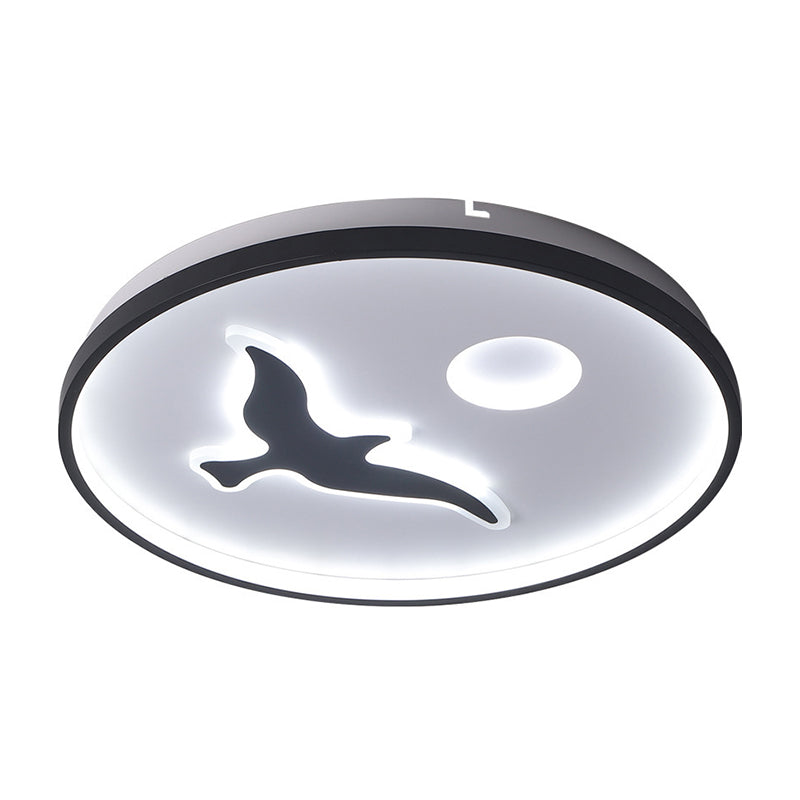 Rounded Metal Flush Light Nordic 16.5"/20.5"/24.5" Wide LED Black Flush Mount with Bird and Sun Pattern in Warm/White Light Clearhalo 'Ceiling Lights' 'Close To Ceiling Lights' 'Close to ceiling' 'Flush mount' Lighting' 1712632