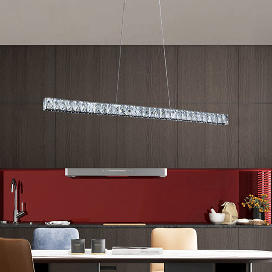 Modernist Linear Island Pendant Crystal Block Dining Room LED Suspension Lighting in Sliver Silver Clearhalo 'Ceiling Lights' 'Island Lights' Lighting' 1712711