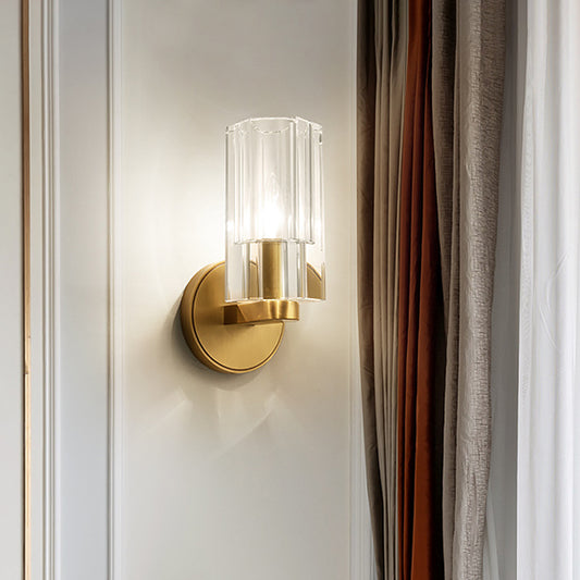 1 Head Bedside Wall Lighting Ideas Modernism Brass Wall Mount Lamp with Cylindrical K9 Crystal Shade Brass Clearhalo 'Modern wall lights' 'Modern' 'Wall Lamps & Sconces' 'Wall Lights' Lighting' 1712766