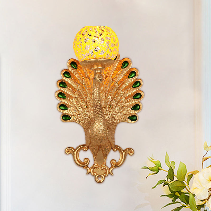 Country Bubble Wall Lighting 1 Light Crackle Glass Wall Mounted Lamp with Peacock Detail in Gold Gold Clearhalo 'Wall Lamps & Sconces' 'Wall Lights' Lighting' 1712774