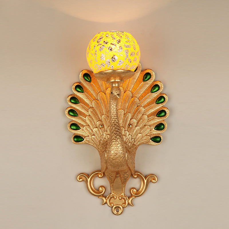 Country Bubble Wall Lighting 1 Light Crackle Glass Wall Mounted Lamp with Peacock Detail in Gold Clearhalo 'Wall Lamps & Sconces' 'Wall Lights' Lighting' 1712776