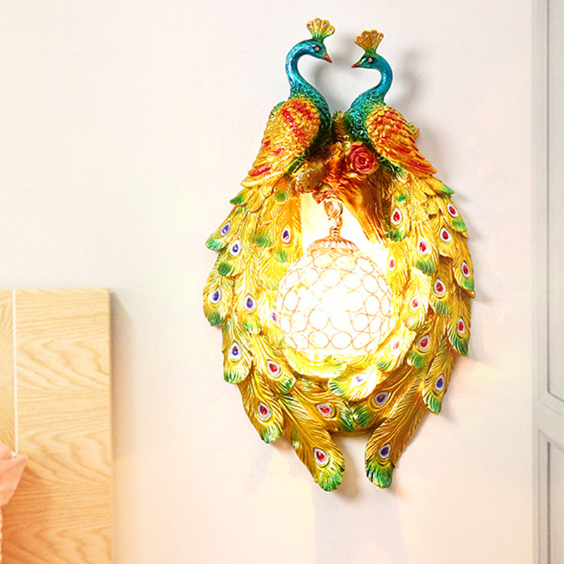 Yellow Single Bulb Wall Lamp Vintage Resin Dual Peacock Wall Light Fixture with Beveled Clear Crystal Shade Yellow Clearhalo 'Wall Lamps & Sconces' 'Wall Lights' Lighting' 1712778